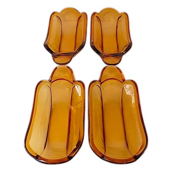 4 Amber Glass Banana Split Boat Sundae Dishes Set Vintage 70s 80s‎ Indiana Glass - Picture 10 of 16